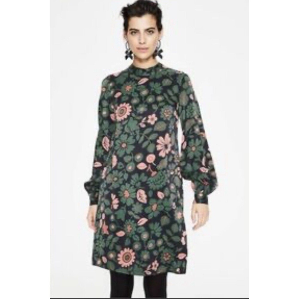 Boden Christobel Green  Floral Shift Dress Womens US Size 10L Long Sleeve Midi